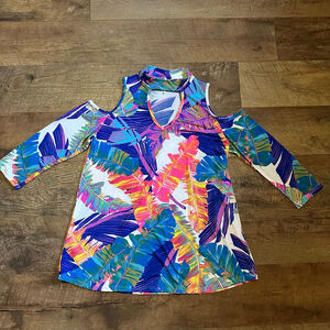 Women's Auditions Multicolor Leaf Print Cold Shoulder Top Size L